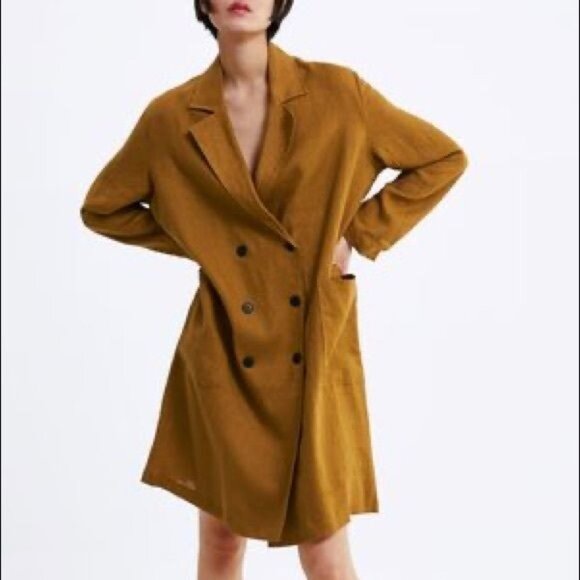ZARA Womens Medium Double-Breasted Linen Coat Gold Brown - Picture 6 of 15